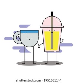 Eine süße Tasse Tee und orangefarbenes Softdrink hält die Illustration. Modernes, einfaches Lebensmittel-Vektorsymbol, flaches Bildsymbol im trendigen, flachen Design-Stil. Essenszeichen.