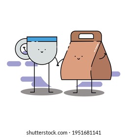 Cute cup of tea and package hold hand Illustration. modern simple food vector icon, flat graphic symbol in trendy flat design style. Food character.