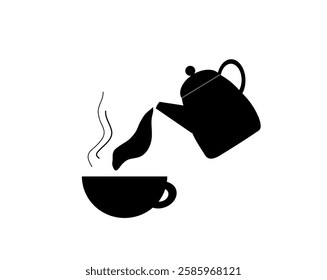  Cute cup of tea and teapot Black vector illustration Cartoon Teapot and cup of ,isolated on White background Silhouette of teapot and cup of hot tea
