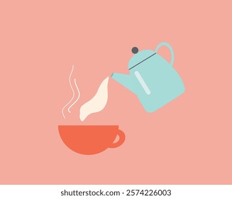  cute cup of tea and teapot vector illustration vibrant colors. Cartoon Teapot and cup of tea illustration