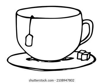 Cute cup of tea with two sugars illustration isolated on a white background. Simple mug clip art. Cozy home doodle. 