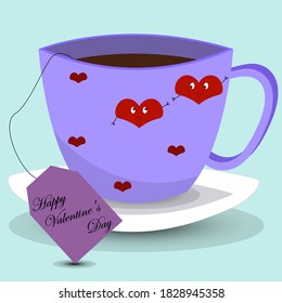 Una taza de té deliciosa para el día de San Valentín. Los corazones amorosos se alcanzan entre sí. La firma es de felicitación. Copa aislada en un fondo azul. Ilustración vectorial. Imagen simple.