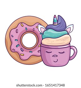 cute cup unicorn with donut kawaii style vector illustration design
