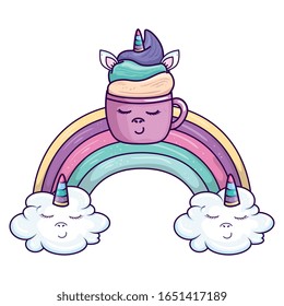 cute cup unicorn with rainbow and clouds kawaii style icon vector illustration design
