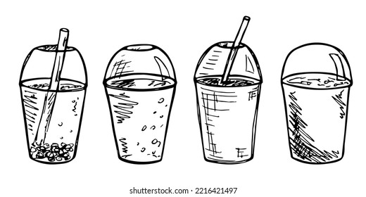 Cute cup of water, milkshake, juice or soda. Drink illustration. Simple cocktail clipart set