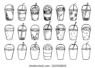 Cute cup of water, milkshake, juice or soda. Drink illustration. Simple cocktail clipart set