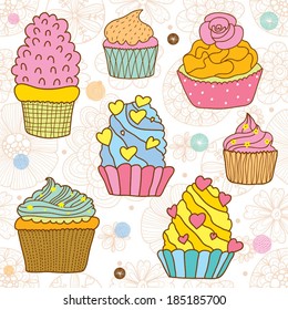 Cute cupcaces. Set. Vector.