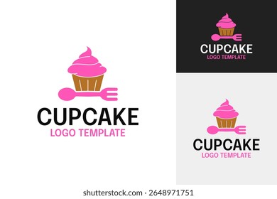 Design de logotipo de padaria bonito cupcake com garfo e colher ícone vetor