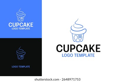 Design de logotipo de padaria bonito cupcake com garfo e colher ícone vetor