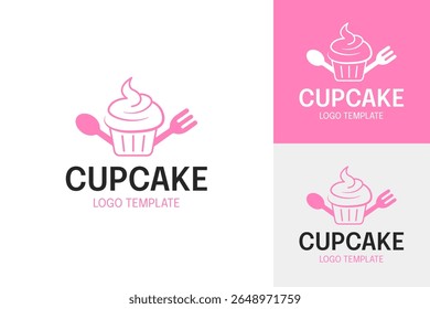 Design de logotipo de padaria bonito cupcake com garfo e colher ícone vetor