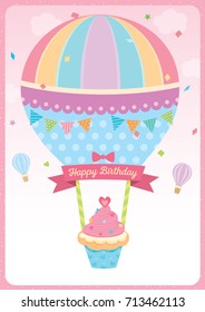 Cute cupcake with Balloon design for Happy Birthday card on pink sky background.