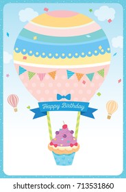 Cute cupcake with Balloon design for Happy Birthday card on blue sky background.
