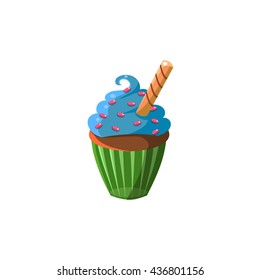 Cute Cupcake With Blue Cream Flat Vector Cute Girly Style Isolated Sticker On White Background