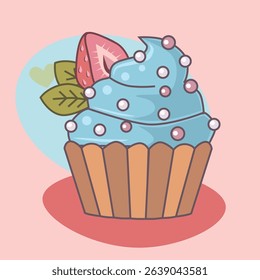 Cute cupcake with blue frosting, decorated with pink and white sprinkles, strawberry slice, and green leaves, cartoon style 