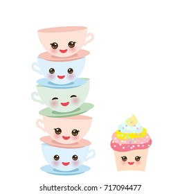 Cute cupcake and blue pink green Kawaii cup set, coffee tea with pink cheeks and winking eyes, pastel colors isolated on white background. Vector