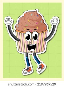 Cute cupcake cartoon character on grid background illustration