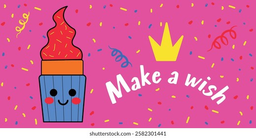 Cute Cupcake Cartoon with Happy Birthday Wishes on a Colorful Background. A vibrant illustration featuring a smiling cupcake surrounded by festive decorative elements conveying a cheerful birthday 