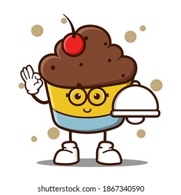 cute cupcake cartoon mascot character funny expression holding food cover