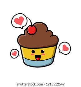 cute cupcake cartoon mascot character funny expression fall in love 