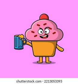 Cute Cupcake cartoon mascot character with beer glass and cute stylish design flat illustration