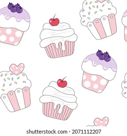 Cute cupcake cartoon seamless pattern (Kawaii cake): Pastel color kid food dessert bakery product fabulous fashion child decoration cafe shop, Invitation post, t-shirt