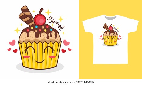 Cute cupcake cartoon with sweet cherry illustration t-shirt design vector
