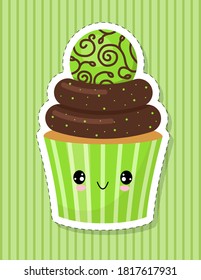 Cute cupcake character. Cake decorated with candy. Sticker. Vector illustration.