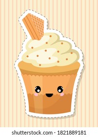 Cute cupcake character. Cake decorated with whipped cream and piece of waffle. The sticker in the style of kawaii. Vector illustration.