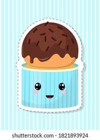 Carácter de bizcochito. Pastel decorado con hielo de chocolate. La pegatina al estilo de kawaii. Ilustración vectorial.