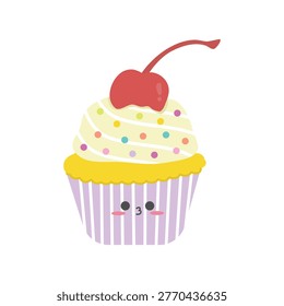 Cute Cupcake Character with Cherry Topping Flat Vector Illustration for Cafe Décor