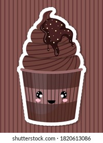 Cute cupcake character. Chocolate cake sticker in the style of kawaii. Vector illustration.