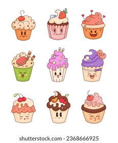 Cute cupcake character. Funny tasty sweet bakery. Vector drawing. Collection of design elements.