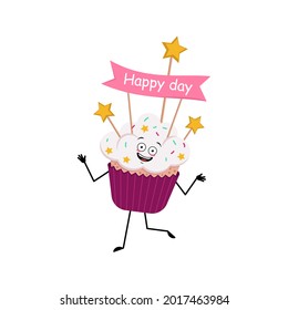 Cute cupcake character with joyful emotions, smile face, dancing, happy eyes, arms and legs. Sweet food with decorations, festive dessert