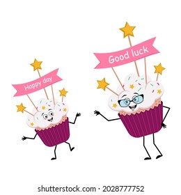 Cute cupcake character with joyful emotions, smile face, happy eyes, arms and legs. Sweet food with decorations, festive dessert. Funny grandmother with glasses and grandson