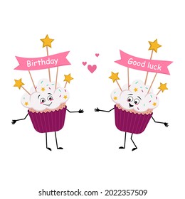 Cute cupcake character with love emotions, smile face, happy eyes, holding hands. Sweet food with decorations, festive dessert