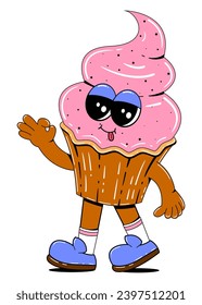 Cute cupcake character in retro cartoon style. Vector illustration of a sweets mascot with a cheerful face, arms, legs.