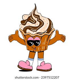 Cute cupcake character in retro cartoon style. Vector illustration of a sweets mascot with a cheerful face, arms, legs.