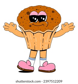 Cute cupcake character in retro cartoon style. Vector illustration of a sweets mascot with a cheerful face, arms, legs.