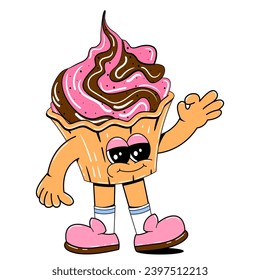 Cute cupcake character in retro cartoon style. Vector illustration of a sweets mascot with a cheerful face, arms, legs.