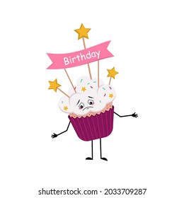 Cute cupcake character with sad emotions, depressed face, down eyes, arms and legs. Sweet food with decorations, festive dessert