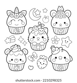 Cute cupcake characters kawaii coloring page illustration