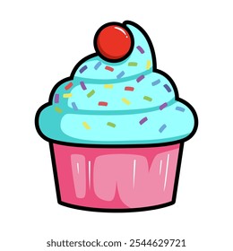 Lindo cupcake con cereza y chispas de chocolate de colores en la Ilustración vectorial superior