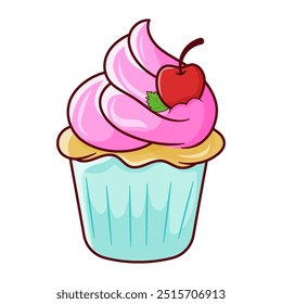 Cupcake bonito com decoração de cereja ilustração vetor