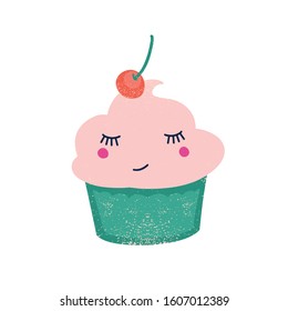 Cute cupcake with cherry flat vector illustration. Creamy confection with berry on top cartoon character. Funny fruit flavored dessert. Sweet smiling cake isolated on white background.