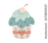 Cute cupcake with cherry, isolated cartoon Birthday clipart. Sweet food vector illustration