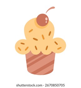 Cute cupcake with cherry, isolated cartoon Birthday clipart. Sweet food vector illustration