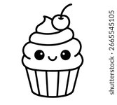 a cute cupcake with a cherry on top and a smiling face outlined in black on a white background design