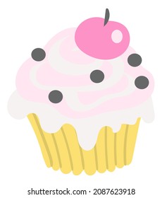Atarta con cereza encima. Muffin de dibujos animados de color rosa dulce