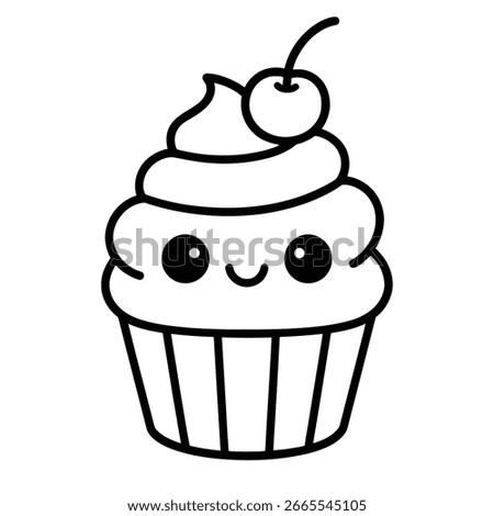 a cute cupcake with a cherry on top and a smiling face outlined in black on a white background design