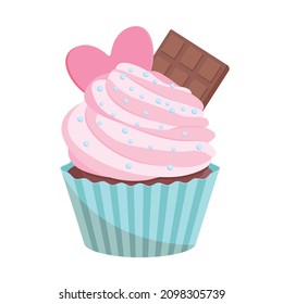 Cute cupcake with chocolate and heart. Cartoon design.